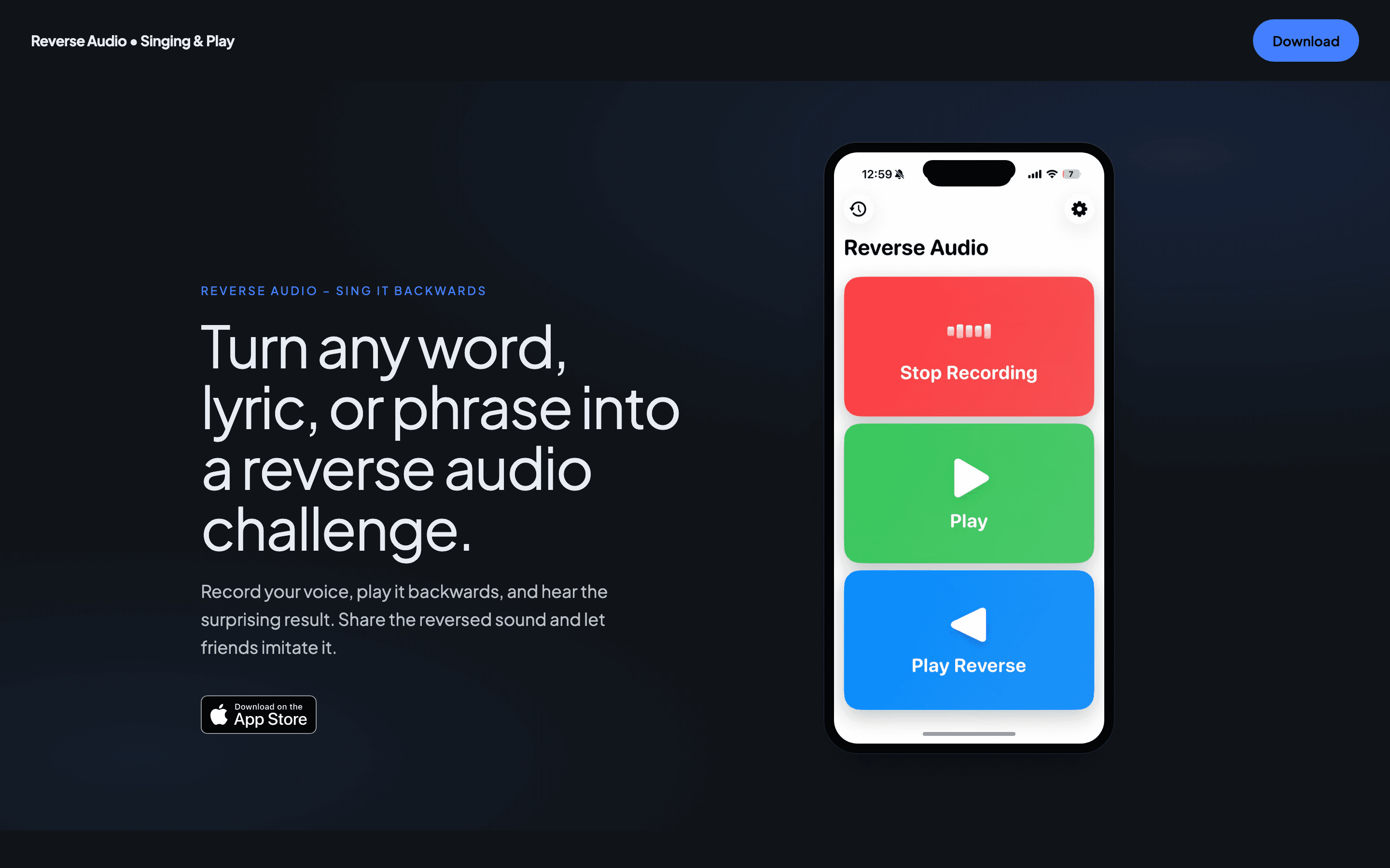 Reverse Audio's Site in the Pocket Theme: the Home Page hero with an App Store badge and the app in a phone frame.